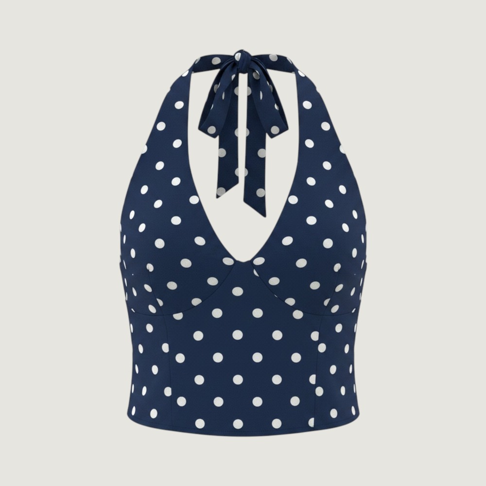 PrettyLittleThing Navy Polka Dot Halter Top Women 14 Blue Retro Stretch NWT